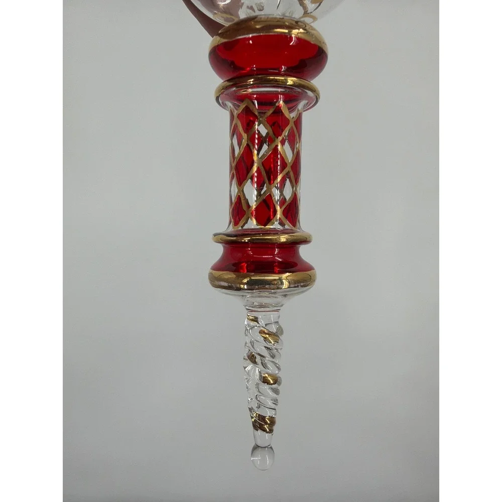 Vintage‎ Hand Blown Glass Finial Christmas Ornament Red Gold Scroll 7.5 Inch